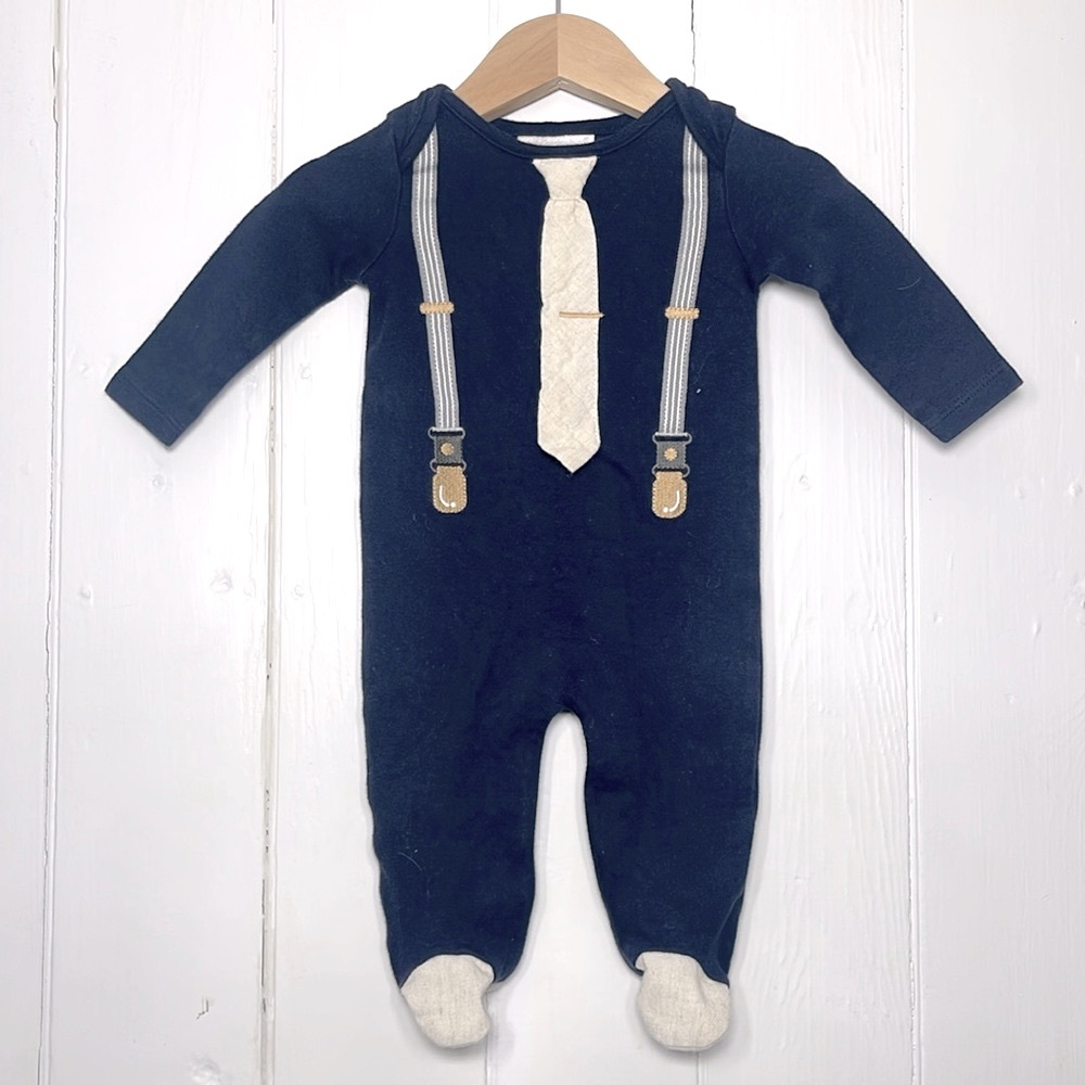 CLASIX BEGINNINGS EUC 100% Cotton Embroidered Appliqué Suspender Footie Pajamas